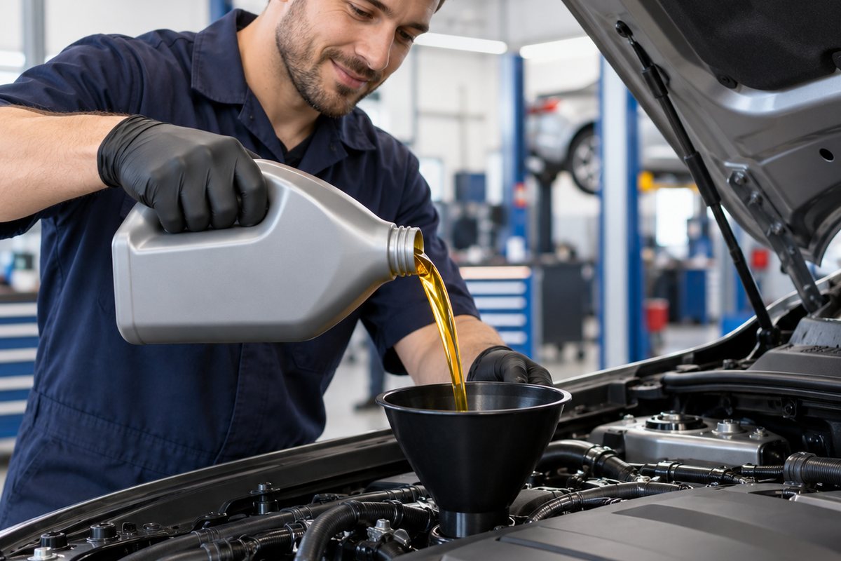 Technician pouring fresh motor oil into an engine during an oil change