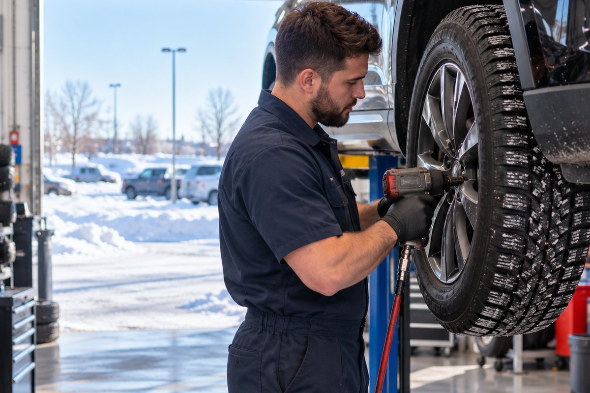 Technician mounting a winter tire on an SUV raised on a lift