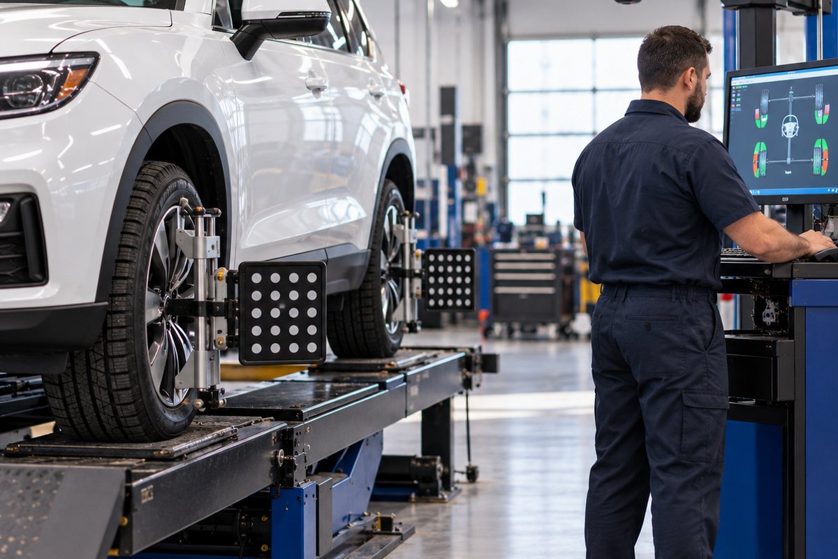 SUV on a wheel alignment rack with alignment targets clamped to the wheels